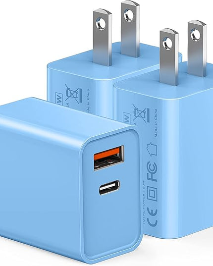 3 Pack Dual Port USB C Charger Block, 20W Power Delivery + QC3.0 USB A Double Port Fast Charging Brick for iPhone 14 15 16 17 Pro Max Plus SE X XS Cube, Quick Charge Plug Adapter (Blue)