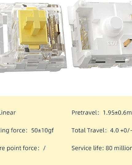 ZhouWang Yellow Switch 3 Pin 50gf Pre-Lubricated,Dustproof Linear Switch,Suitable for RGB,Mechanical Gaming Keyboards、MX Mechanical Keyboard(Yellow,108PCS)