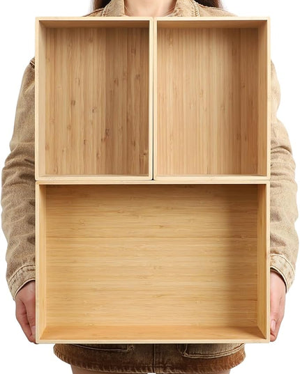 3-Piece Large Bamboo Storage Box Set, 7.1 in High Stackable Deep-Drawer Organizer for Kitchen Cutlery, Utensils & Knives, Exquisite and Durable Lidless Wooden Bin (14.6"x10.2x7.1"*1+10.2"x7.3"x3"*2)