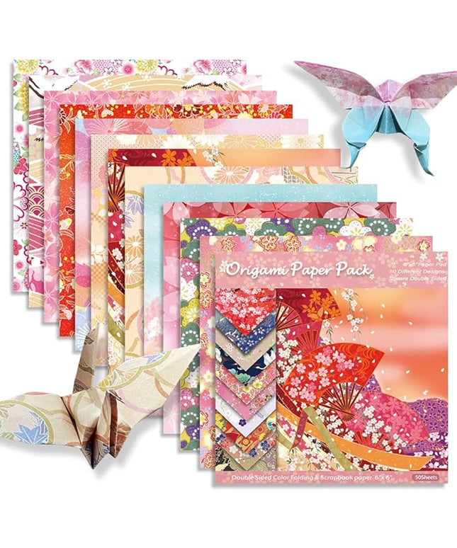 Square Origami Paper 6x6 Double Sided 50 Sheets 50 Colors 70GSM Origami Kit Japanese Chiyo Easy Fold Arts Crafts DIY Handwork Oriental Cherry