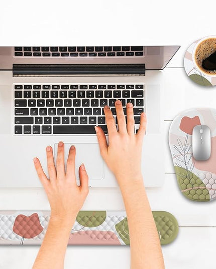 Ergonomic Mouse Pad and Keyboard Wrist Rest with Massage Design, Space-Saving Mouse Pad Wrist Support, Memory Foam Wrist Rest with Non-Slip PU Base for Computer Desk, Rose