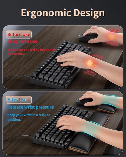 ASFSKY Keyboard and Mouse Wrist Rest Set – Ergonomic Wooden Wrist Support Pad with PU Leather & Memory Foam, Anti-Slip Rubber Base Wrist Cushion for Gaming, Office & Typing Pain Relief