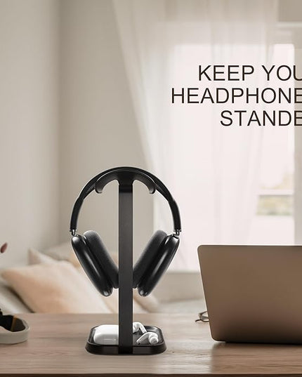 QinCoon Headphone Stand, Curved Headset Stand with Storage Tray, Gaming Headset Holder for AirPods Max, AirPods Max 2, AirPods, AirPods Pro, Beats, Bose, Sony and More (Black)