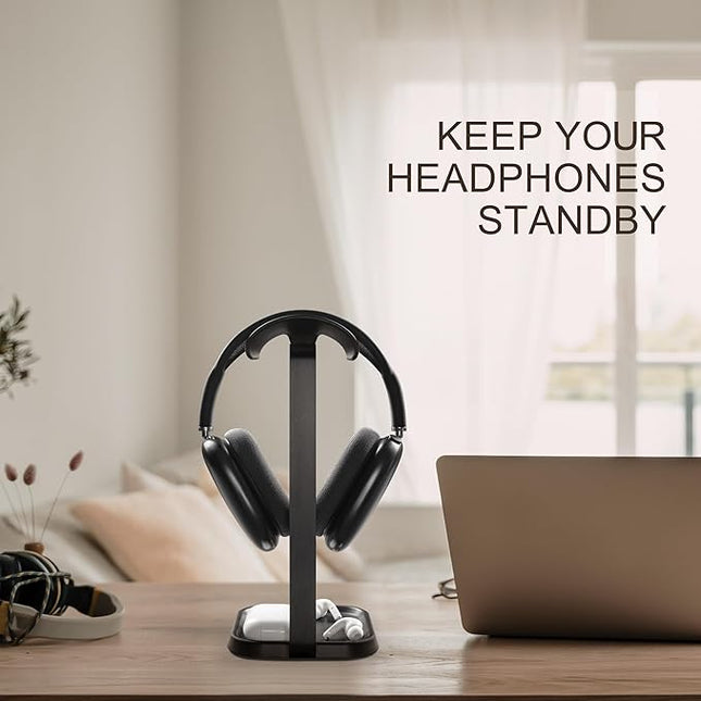 QinCoon Headphone Stand, Curved Headset Stand with Storage Tray, Gaming Headset Holder for AirPods Max, AirPods Max 2, AirPods, AirPods Pro, Beats, Bose, Sony and More (Black)