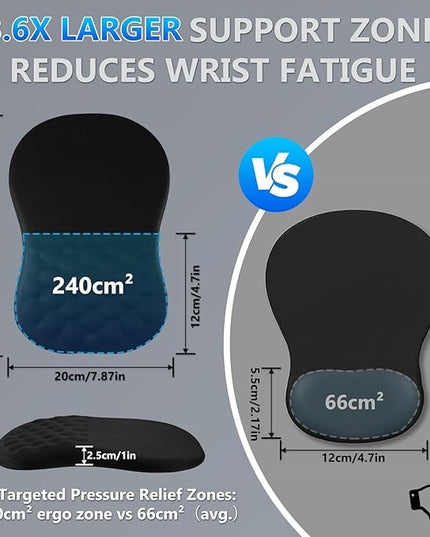 Ergonomic Mouse Pad with Wrist Rest, Dual-Slope Design for Pain Relief- Large 12x8 Inch Size with Reinforced Memory Foam & Non-Slip Base for Office Desk/Gaming (Black)