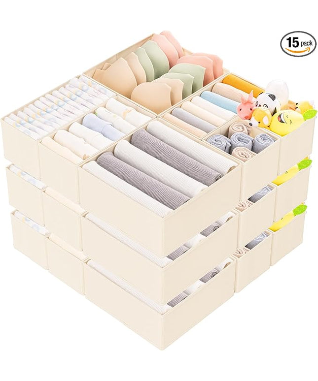 Criusia 15 Pack Drawer Organizer for Clothes, Foldable Dresser Dividers with 3 Sizes, Fabric Storage Bins – Beige