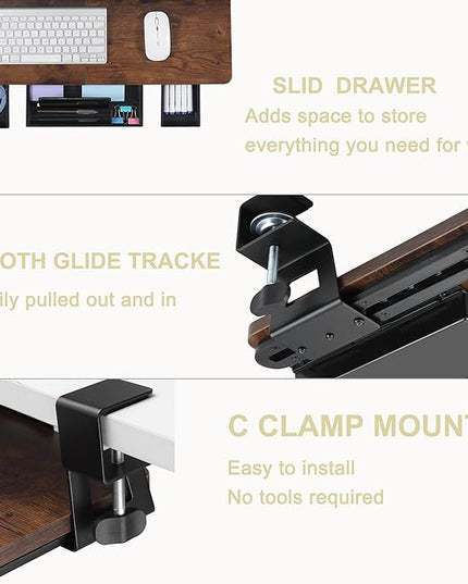 Keyboard Tray Under Desk with Drawer,26.77" X 11.81"Large Size Keyboard Tray with C Clamp-on Mount, Easy to Install, for Home Office (Mahogany)