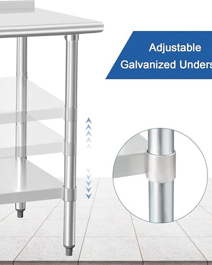 HARDURA Stainless Steel Prep & Work Table 30 x 48 Inches NSF Heavy Duty Commercial with Undershelf and Backsplash, Galvanized Legs for Commercial Food Prep