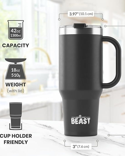 Beast 42 oz Tumbler with Handle Stainless Steel Vacuum Insulated Coffee Ice Cup Double Wall Travel Flask (Matte Black)