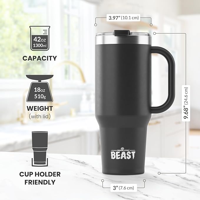 Beast 42 oz Tumbler with Handle Stainless Steel Vacuum Insulated Coffee Ice Cup Double Wall Travel Flask (Matte Black)