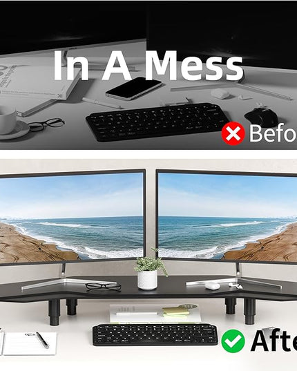 39.4 Inch Dual Monitor Stand Riser Black,Plane Wing-Shaped Sturdy Computer Desk Riser for 2 Monitors, Adjustable Length and Wood Monitor Stand for Laptop, Computer,Extra Long