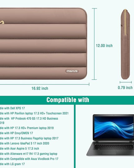 MOSISO 17-17.3 inch Laptop Case, 17.3 inch Puffy Laptop Sleeve Compatible with Dell XPS/HP Pavilion/Ideapad/Acer/Alienware/HP Omen Notebook Computer, Polyester Horizontal Bag with Small Case, Brown