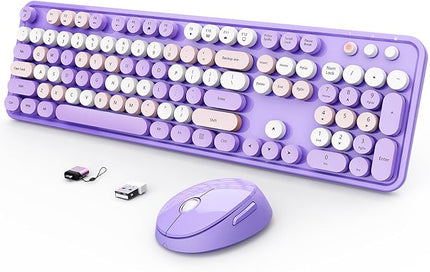 Wireless Keyboard and Mouse Combo, Ergonomic Full Size Typewriter Retro Round Keycaps Keyboard, Compatible with Windows, PC, Perfer for Home and Office Keyboards (Purple