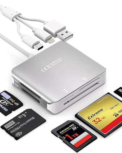 Memory Stick Pro Duo Adapter Reader, 5 in 1 SD/MS/TF/CF/XD Card Reader with Lightning+USB A+USB C, Multi Memory Card Reader Support OTG, Fast Data Transfer, Memory Stick Reader for i-Phone/Android/PC