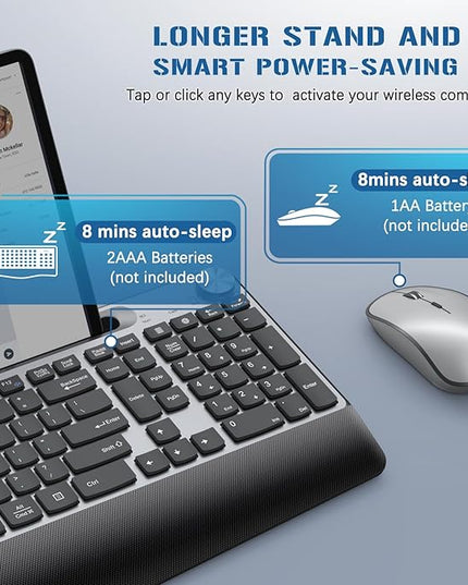 JOYACCESS Wireless Keyboard and Mouse, Ergonomic Wireless Keyboard with Wrist Rest and Phone Holder, Quiet Computer Mouse for Mac PC Laptop-Black Grey
