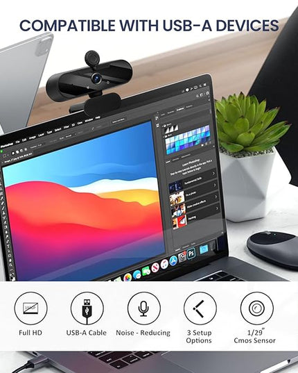 USB HD 1080P Video Webcam and Wide Angle Camera with Built-in Microphone and Rotatable Tripod,for Laptop Computer or Desktop PC,Great for Live Streaming.Calls.Video Conferencing(Black)
