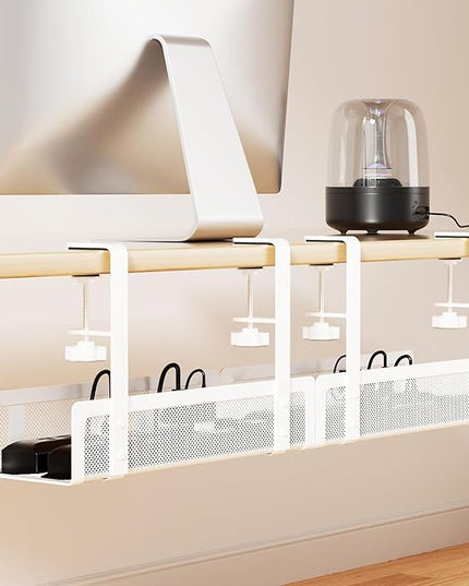 [Upgraded] 2 Pack Cable Management Under Desk Tray, Xpatee 27.6" No Drill Open Slots Cable Management Tray, Cord Wire Organizer Box with Clamp for Table Thickness up to 3" - No Desk Damage(White)