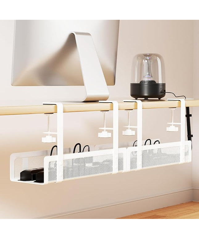 [Upgraded] 2 Pack Cable Management Under Desk Tray, Xpatee 27.6" No Drill Open Slots Cable Management Tray, Cord Wire Organizer Box with Clamp for Table Thickness up to 3" - No Desk Damage(White)