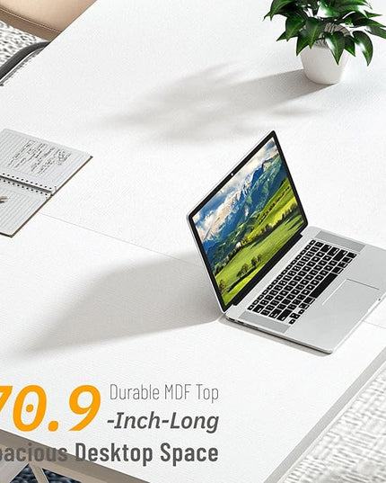 FOLUBAN 70.9" Modern Computer Desk with Z-Shaped Legs, Industrial Executive Home Office Desk for 2 Person, Large Writing Study Table for Bedroom, Gaming Workstation, White