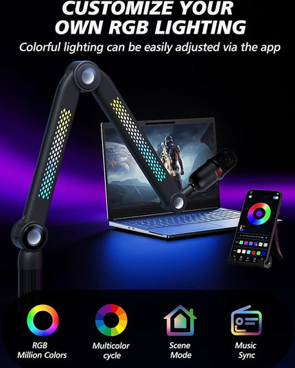 YOUSHARES Microphone Stands Compatible with Blue Yeti，HyperX，FIFINE AM8，Shure Mic，Rode PodMic and Most Microphones，Mic Boom Arm with Sound-Activated Lighting & App Control