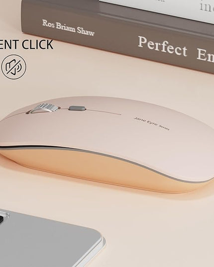 Uciefy Q5 Slim Rechargeable Wireless Mouse, 2.4G Portable Optical Silent Ultra Thin Wireless Computer Mouse with USB Receiver and Type C Adapter, Compatible with PC, Laptop, Desktop - Light Pink