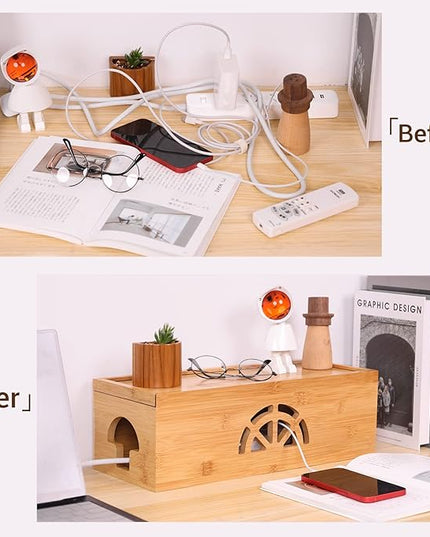 Extra Large Cable Management Box with Lid, Bamboo Cable Box for Cords, Power Strips or Surge Protectors, Hide Loose Wires Behind TVs, Home, Computers, Office Desks by HTB
