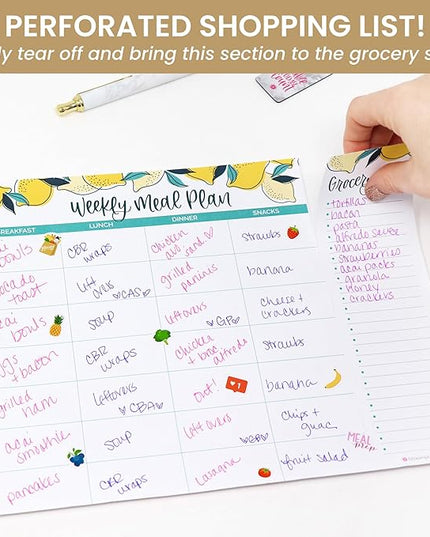 bloom daily planners Horizontal Weekly Magnetic Meal Planning Pad for Fridge with Tear-Off Grocery Shopping List - Hanging Food/Menu Organizer Notepad with Magnets - 8.5” x 11” - Lemons
