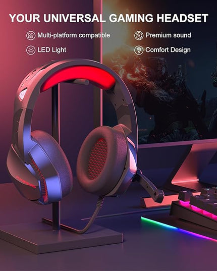 PHOINIKAS PS4 Gaming Headset with 7.1 Surround Sound, PC Headset with Noise Canceling Mic & LED Light, H3 Over Ear Headphones for Nintendo Switch, PS5, Xbox One, Laptop (Red)