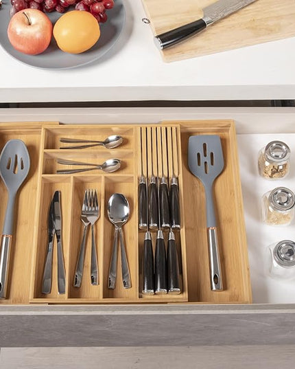 Bamboo-Silverware-Drawer-Organizer-Kitchen, Expandable Utensil Holder Cutlery Tray Flatware Organization Adjustable Wood Tableware Dividers Storage (with Removable Knife Block)(Natural)