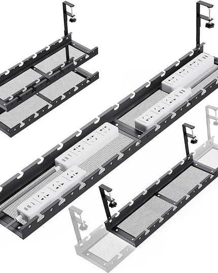 31Inch Extendable Under Desk Cable Management Tray Multi-Model Metal Cable Management Tray Under Desk Cord Management with Clamp Power Strip Cord Holder for Wire Cable Management, Black
