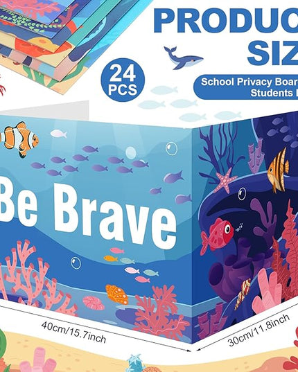 Honoson 24 Pcs Bulk Inspirational Privacy Folders for Students Cardboard Test Privacy Boards Motivational Words Desk Dividers Shield for Classroom School Study Supplies, 6 Styles (Ocean Animal)
