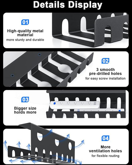 Delamu 2 Pack Metal Under Desk Cable Management Tray, U Channel Cord Organizer Box, Office Under Desk Cord Organizers, Cable Management with Various Accessories, Black, 15.75 Inches