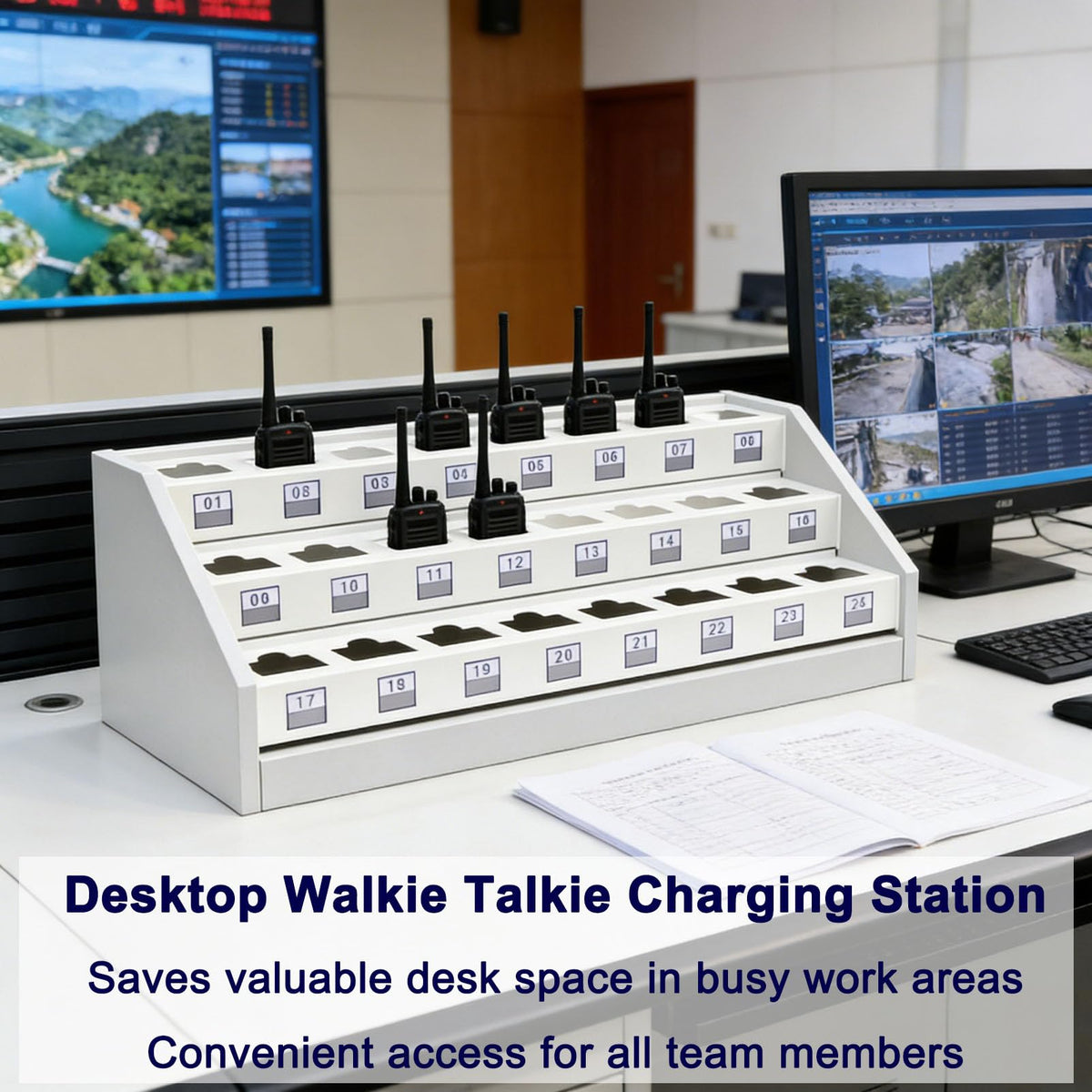 Walkie Talkie Holder Two Way Radio Bracket, Heavy Duty Steel Wood Two Way Radio Rack, Desktop Walkie Talkie Charging Station with Hidden Cable Management, Radio Organizer Stand