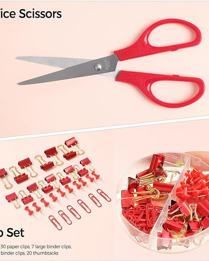 SKYDUE Red Office Supplies Set, Desk Accessories, Stapler, Tape Dispenser, Scissors, Binder/Paper Clips and 1000pcs Staples, Office Decor for Women
