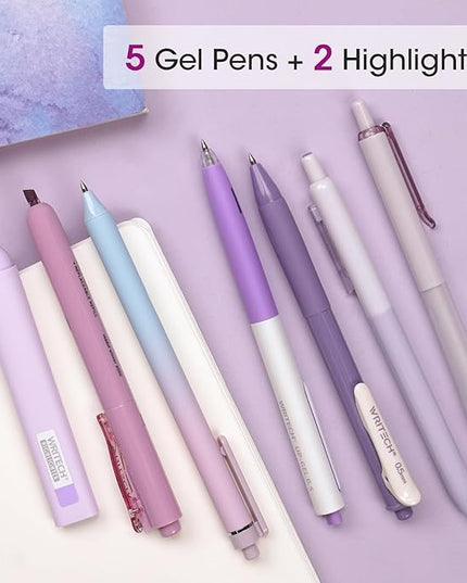 WRITECH Gel Pens Journaling Highlighters: Journal Set Aesthetic Assorted Pastel Color Ink 0.5mm Fine Point Retractable 0.7mm Black Pen Smooth Writing Drawing No Bleed 7ct (Purple)