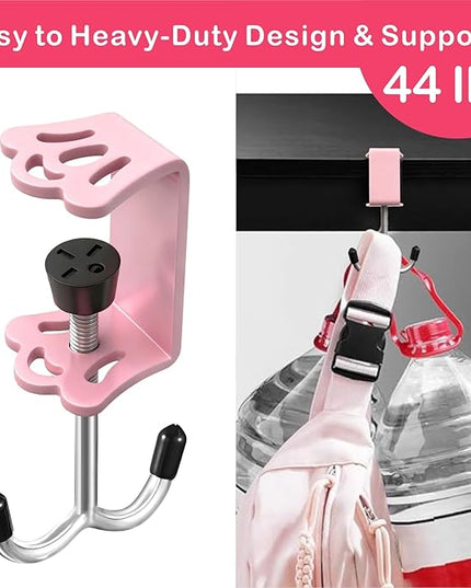 5 Pcs Adjustable Purse Hooks Heavy Duty J Clamp Hooks Bag Hanger for Table, Bag Holder for Table for Desk Key Backpack【Pink】