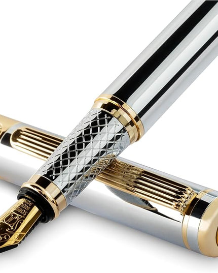 Scriveiner Silver Chrome Fountain Pen - Stunning Luxury Pen, Real Gold Finish Schmidt Gilded Nib (Medium), Best Pen Gift Set for Men & Women, Professional, Executive Office, Nice Pens