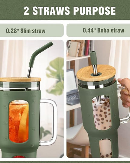 Glass Tumbler with Lid and Straw, 46 oz Iced Coffee Cup with Handle, Large Water Bottles with Silicone Sleeve, Glass Cup with Straws - Pearl Straw & Drinking Straw BPA Free-Olive
