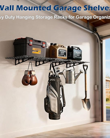 2x3 Ft Garage Wall Shelving, 700 lbs Heavy Duty Metal Garage Shelf Storage Organization, 24x36 Inch Wall Mounted Floating Shelves with Hooks, High Capacity, Space Saving, 2 Pack