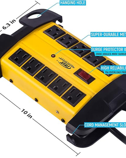 CRST Heavy Duty Surge Protector Power Strip 10-Outlet Metal Industrial Power Strip with 2800 Joules, 15A Circuit Breaker, 14 Gague 6ft Extension Cord for Workshop, Garage, Office, School…