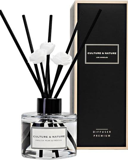 CULTURE & NATURE Reed Diffuser Set 4oz (120ml) English Pear & Freesia Scented Diffuser with Sticks Home Fragrance Reed Diffuser for Bathroom Shelf Decor