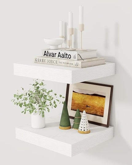 Fun Memories 12 Inch Floating Shelf, Rustic Wood Wall Shelves for Wall Decor & Storage, 12 x 12 Floating Shelf for Living Room, Bathroom, Bedroom, White, Set of 2
