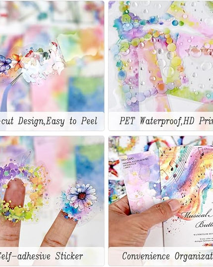 Dwpetzo 120Pcs Watercolor Decorative Stickers for Journaling, 6 Pack Flower Lace Frame Transparent PET Stickers for Scrapbooking, Junk Journal Supplies, Collage, Card Making, Crafts Arts