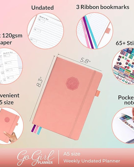 GoGirl Planner and Organizer for Women – A5 Size Weekly Planner, Goals Journal & Agenda to Improve Time Management, Productivity & Live Happier. Undated – Start Anytime, Lasts 1 Year – Peach Pink