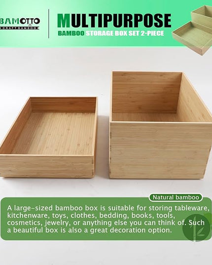 2-Piece Large Bamboo Storage Box Set, 7.1 in High Stackable Deep-Drawer Organizer for Kitchen Cutlery, Utensils & Knives, Lidless Wooden Bin for Homes & Offices (14.6"x10.2"x7.1"+14.6"x10.2"x3.1")