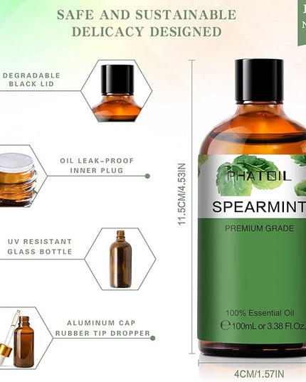 Spearmint 3.38fl.oz Essential Oil, PHATOIL Pure Aromatherapy Oils for Diffuser, Humidifier, Perfect for DIY Soap, Candle, Bath Bombs Making(100ml)