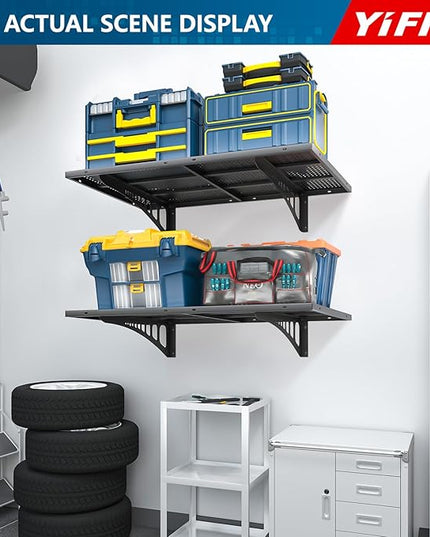 2-Pack 2x3ft Heavy Duty Garage Wall Shelving, 500 lbs Load Capacity, Garage Shelving Wall Mounted, Garage Storage Rack with Hooks, Black