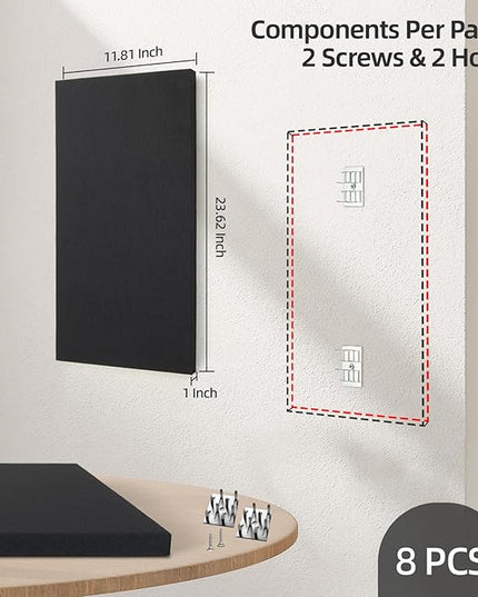 Art3dwallpanels 8 PCS Acoustic Panels, 24''x12'' Fabric Soundproof Wall Panels, Easy-Hook Mounting Sound Absorbing Panels for Studios, Office, Home Theater,Black