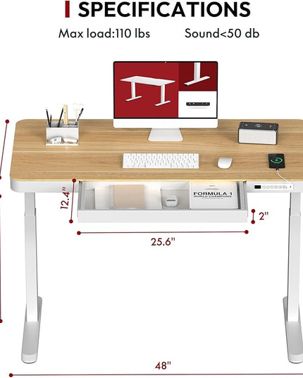 SANODESK Standing Desk with Drawer, Electric Height Adjustable Home Office Desk with Storage & USB Ports, 48 inch Maple Wood Tabletop/White Frame