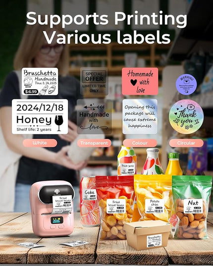 Phomemo M110 Label Maker Machine- with 3 Label Bluetooth Label Maker for for Business Labeling, Barcode, Office, Cable, Retail, with Fonts Choose, Icons, Templates, Pink